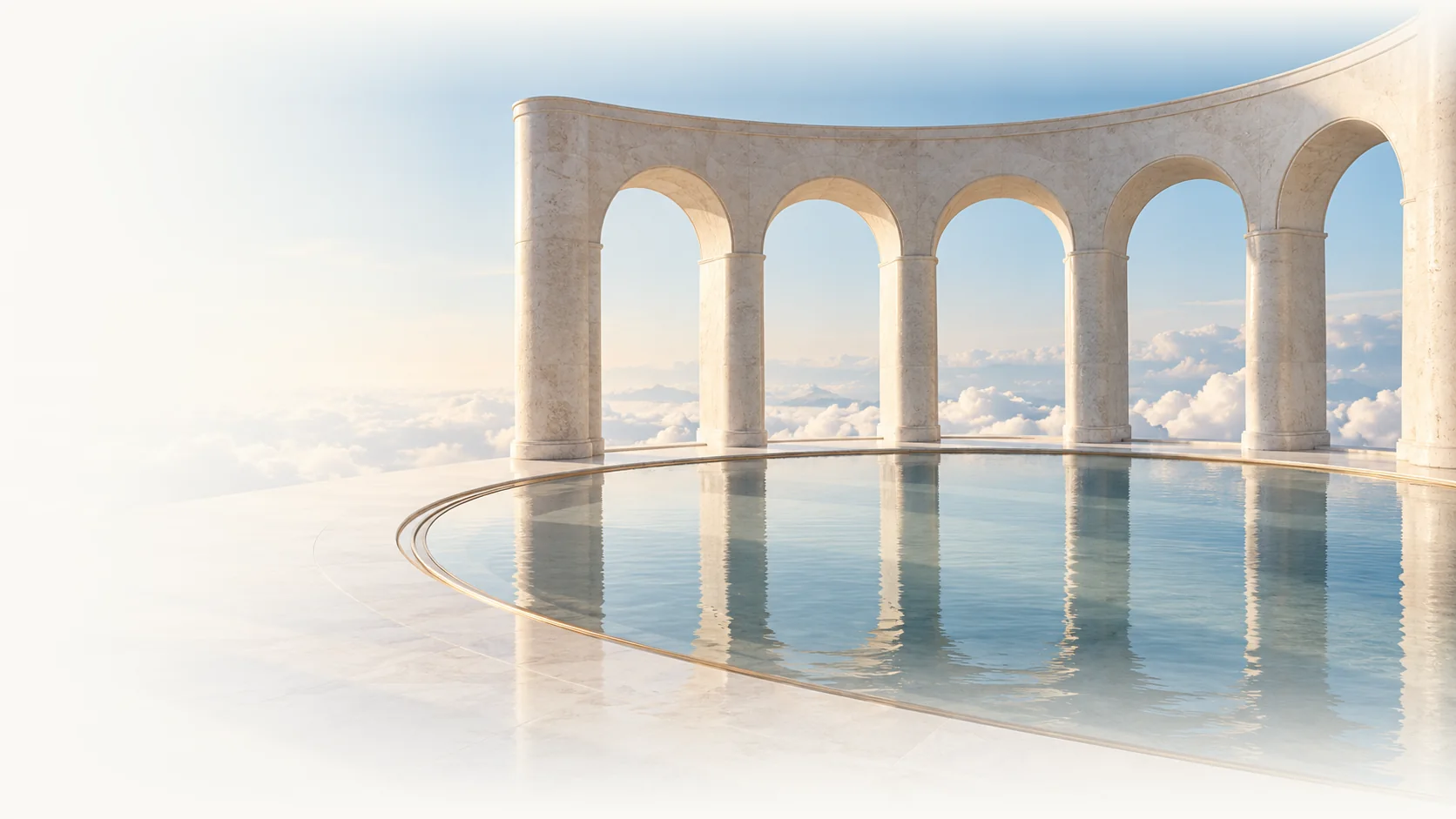 A white marble colonnade above the clouds: five arches open onto one still, gold-rimmed reflecting pool.