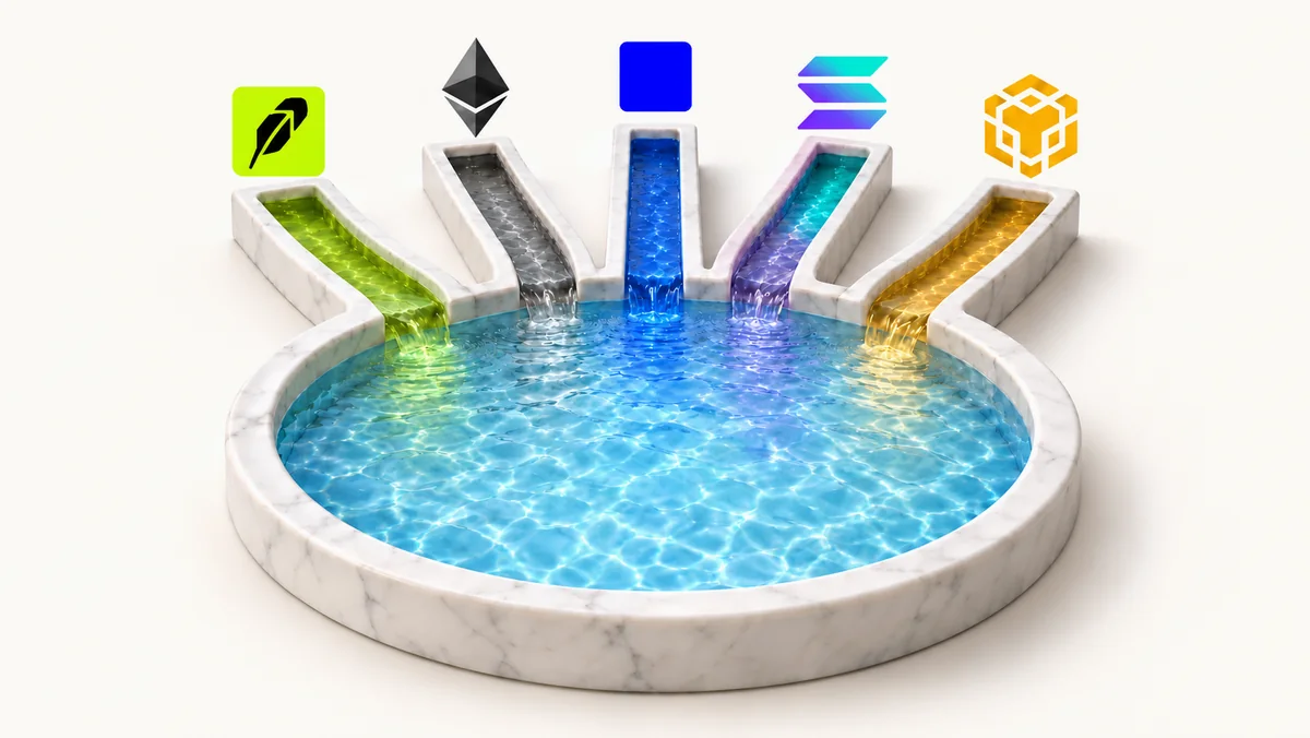 Five marble channels, marked Robinhood, Ethereum, Base, Solana and BNB Chain, pour into one round pool.