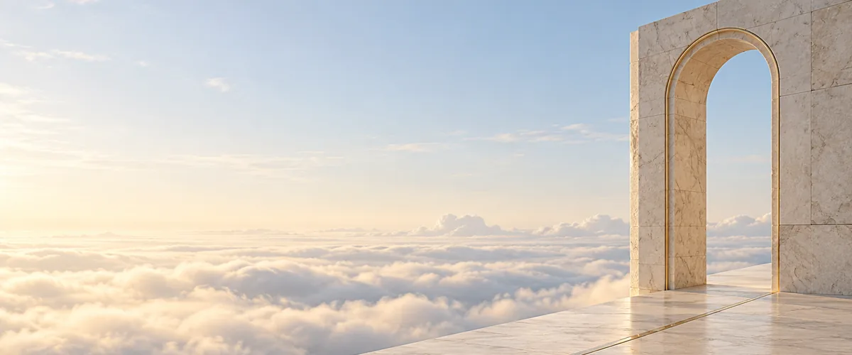 A marble terrace above the clouds, with steps rising to a single arched doorway on the right.